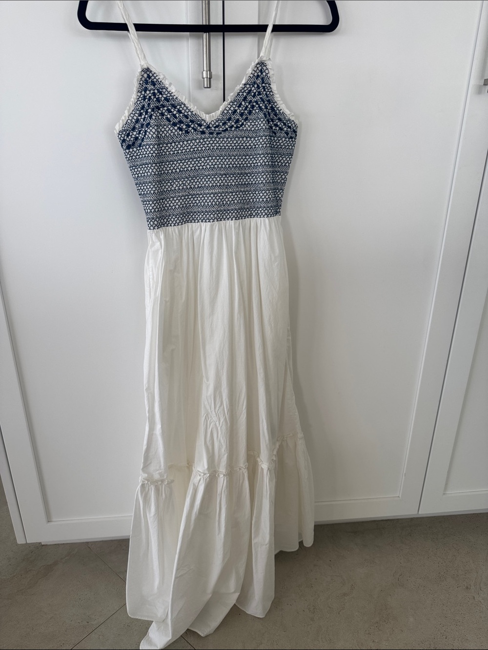 Ramy Brook White Maxi Dress with Navy Crochet Bodice